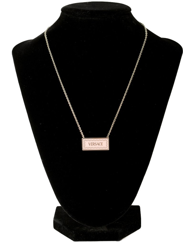 Versace Silver Color Metal Logo Print On Pink Enamel Pendant Necklace